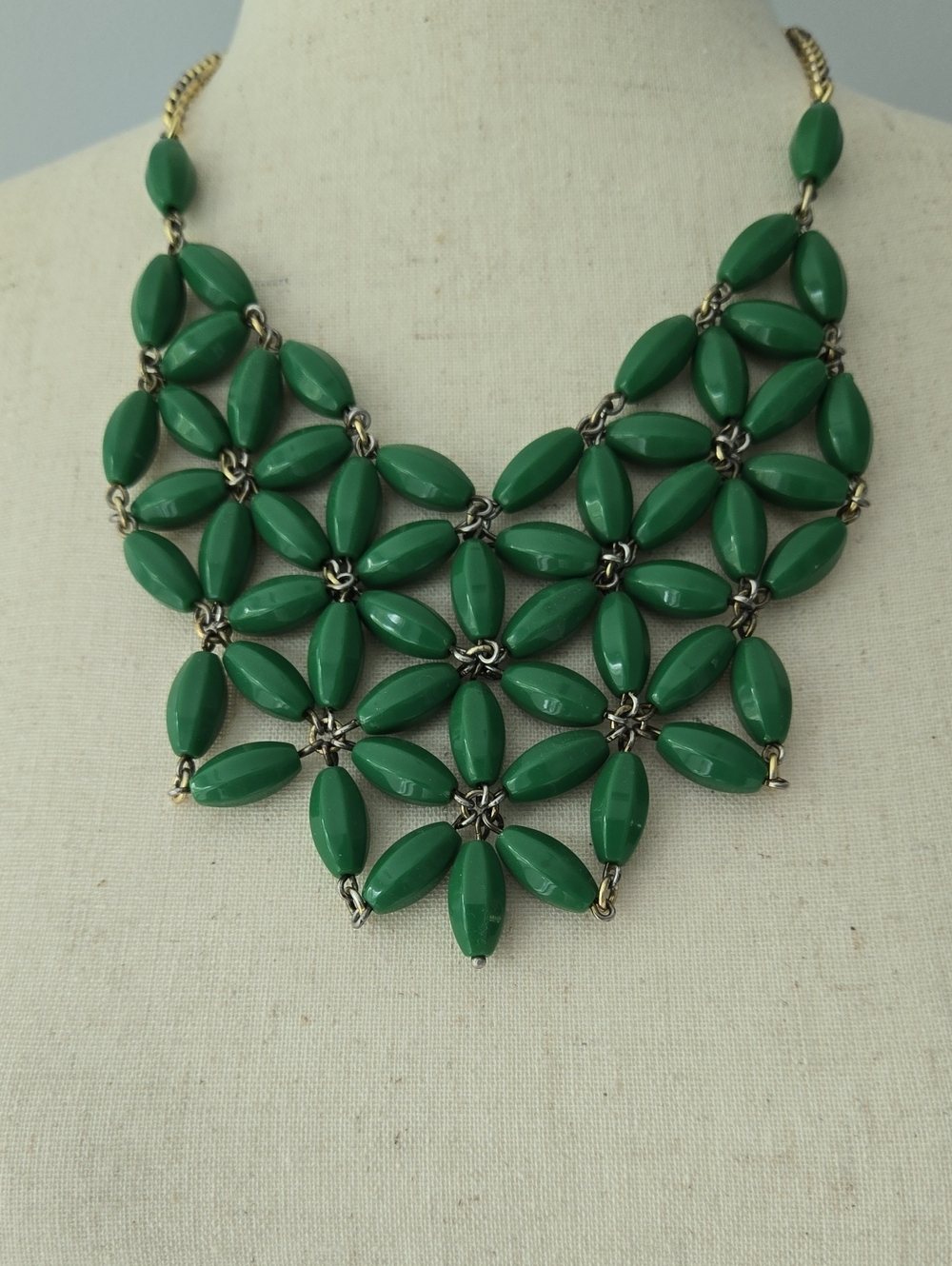 Vintage J.Crew Geometric Marquise Bead Statement Bib Necklace Gold Tone